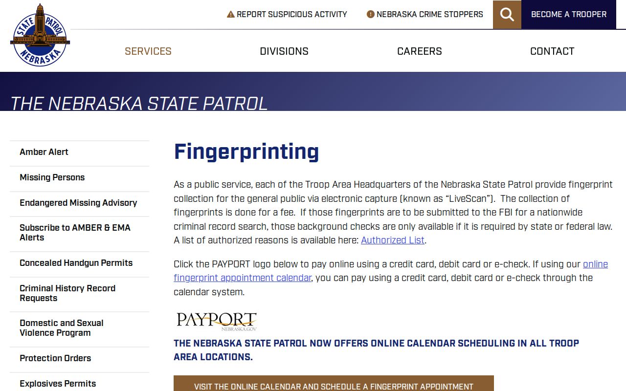 Nebraska State Patrol official fingerprinting services information