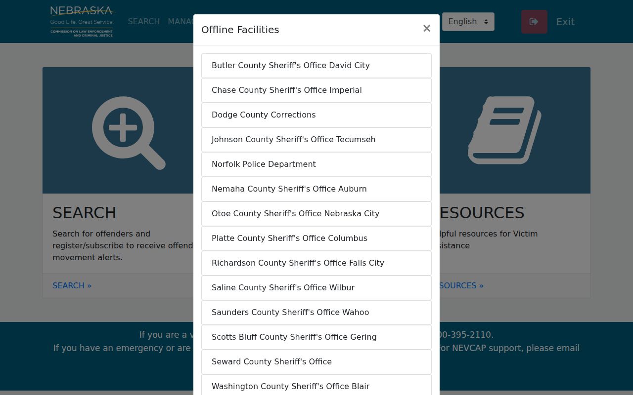Nebraska Victims of Crime Alert Portal inmate search entry