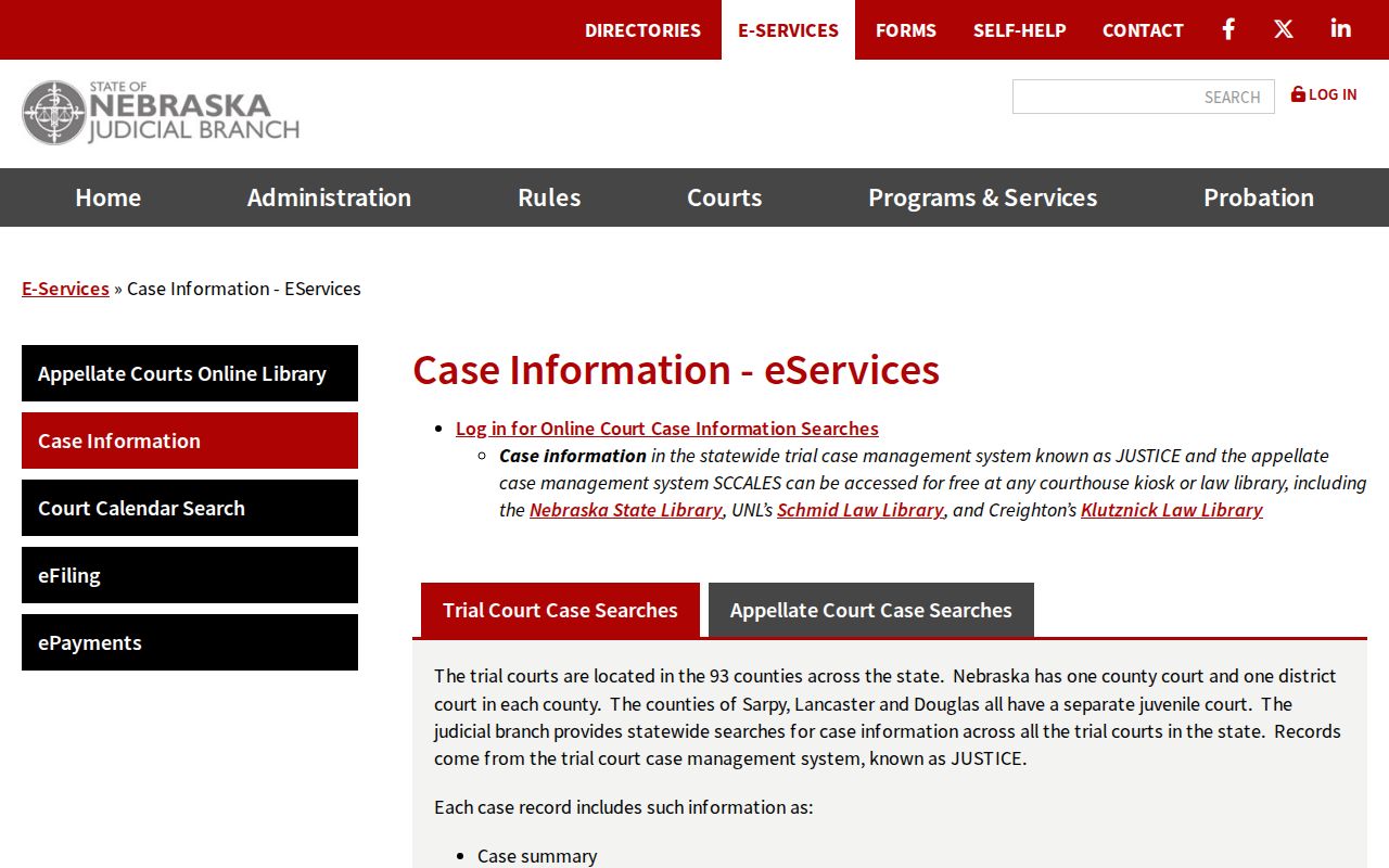 Adams County criminal court case access through Nebraska JUSTICE eServices