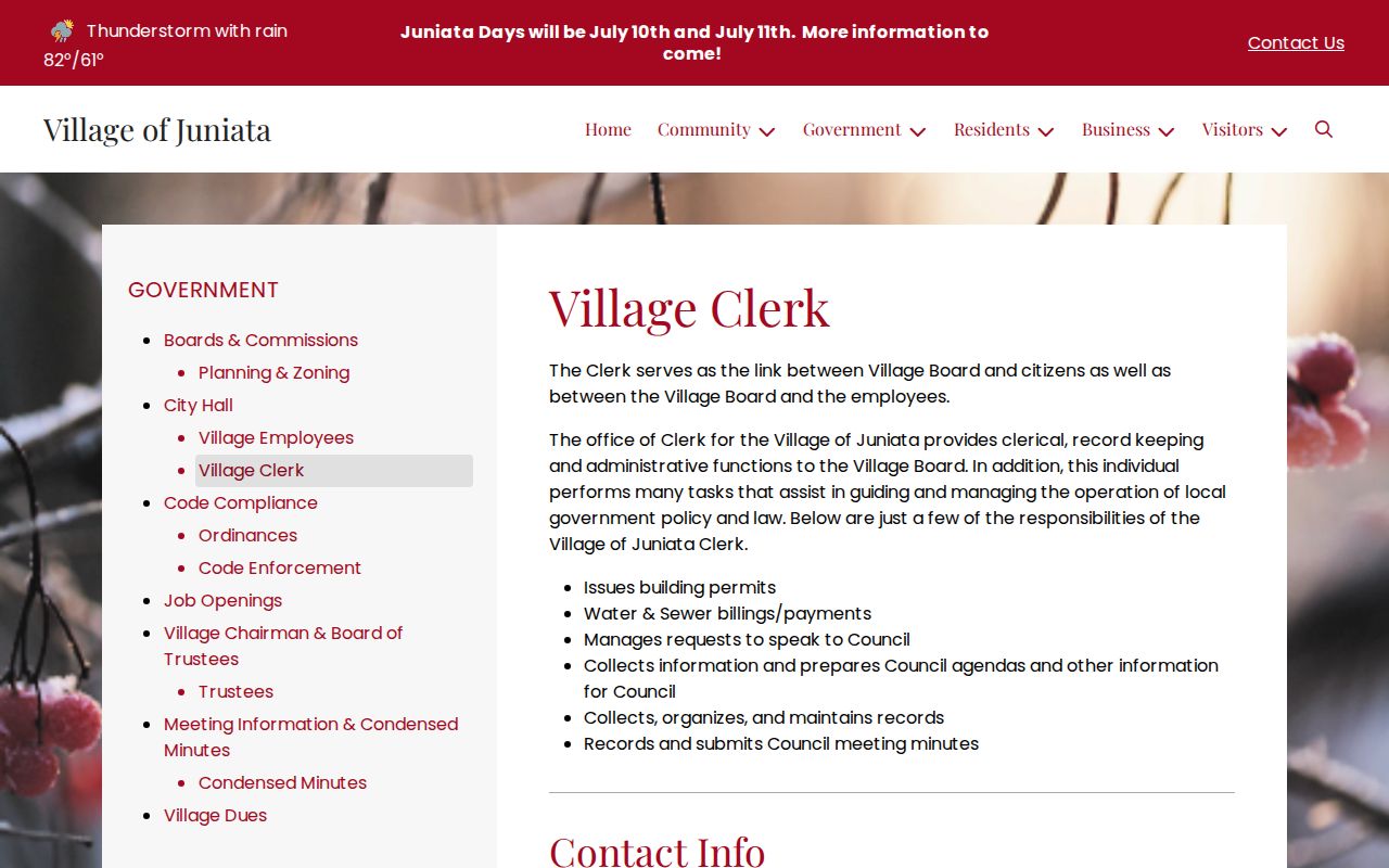 Juniata criminal records and Village Clerk office source